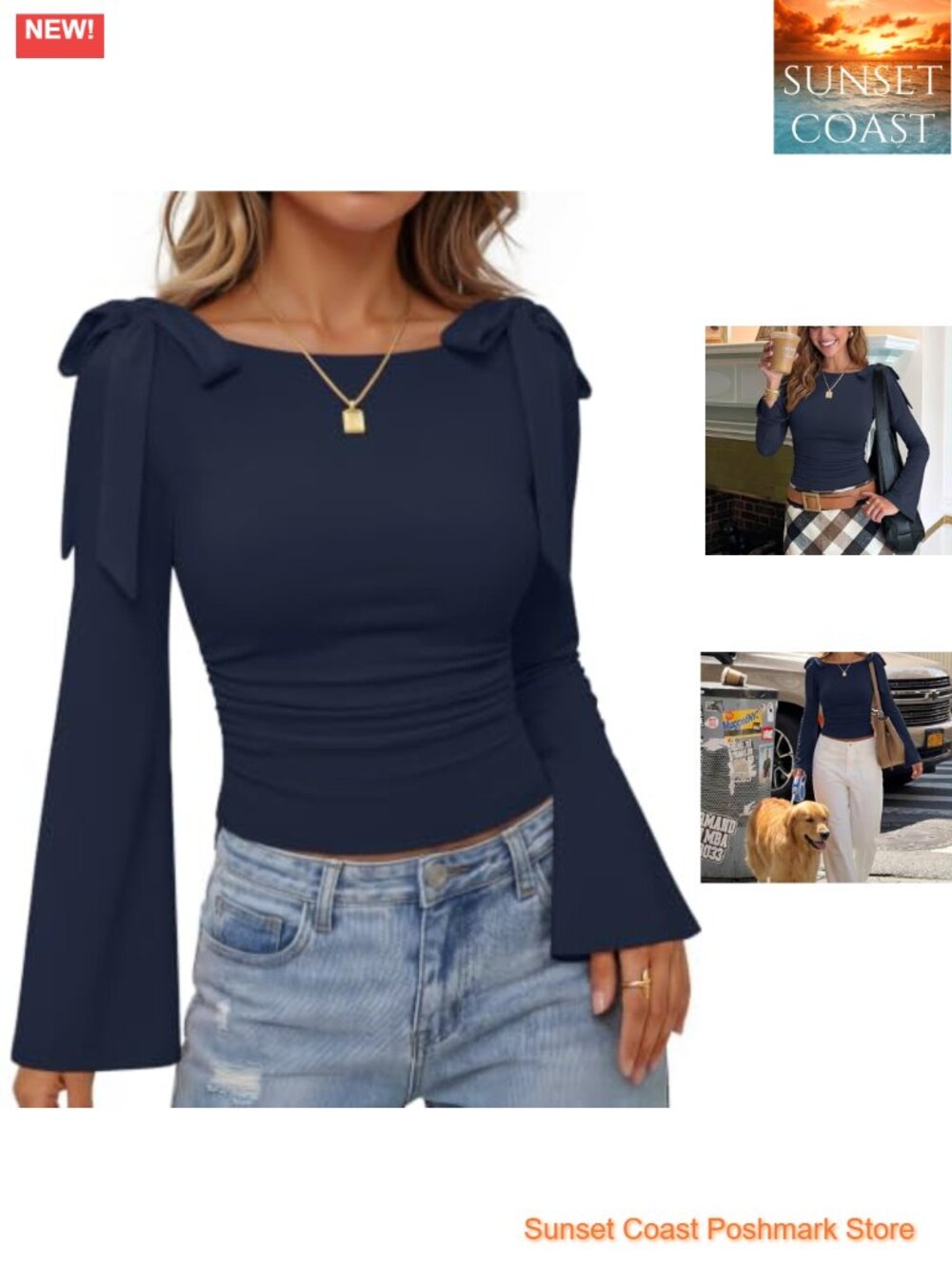 Womens Y2K Tie Shoulder Long Sleeve Blouse Boat Neck Bell Sleeve Top